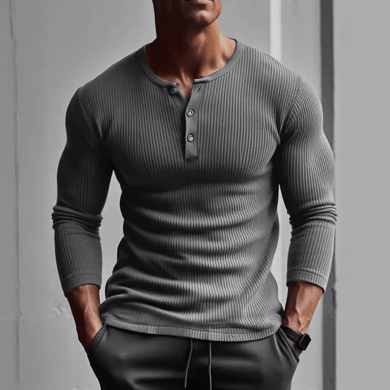 Idris | Camiseta Henley Ajustada de Canalé y Manga Larga - StilfulltMen's sweatersGris oscuroSIdris | Camiseta Henley Ajustada de Canalé y Manga Larga