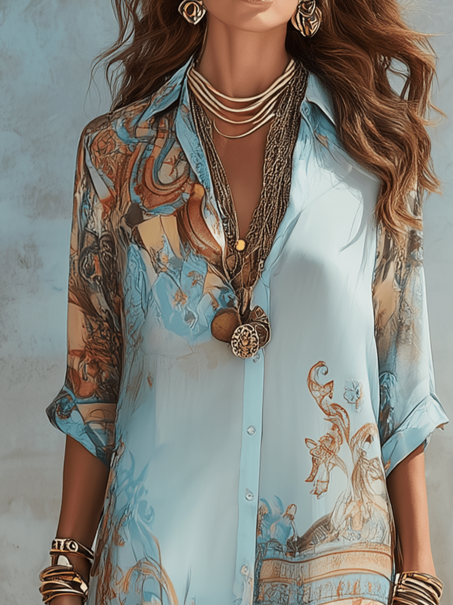 Marlowe | Vestido Camisero Midi de Gasa Estampada - StilfulltdressGLZ0730D7CWW_Blue||XS||YUXSMarlowe | Vestido Camisero Midi de Gasa Estampada