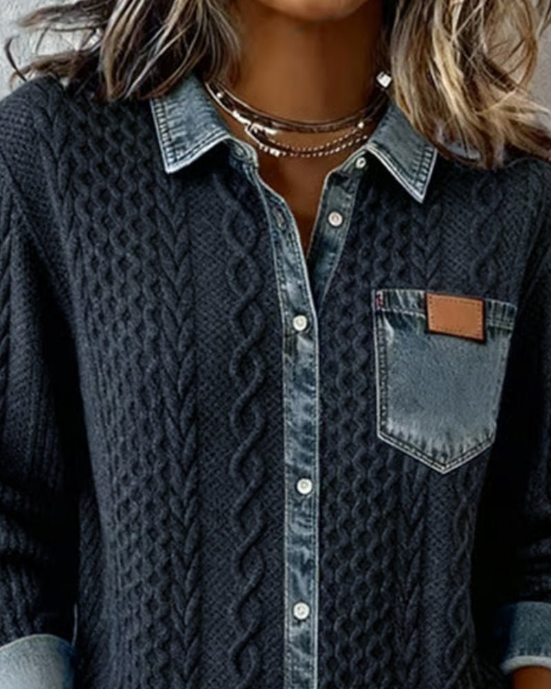 Rikke | Blød Kabelstrikket Skjorte med Denimdetaljer - StilfulltWomen's blousesDWOD9-FZ085019MørkeblåSRikke | Blød Kabelstrikket Skjorte med Denimdetaljer
