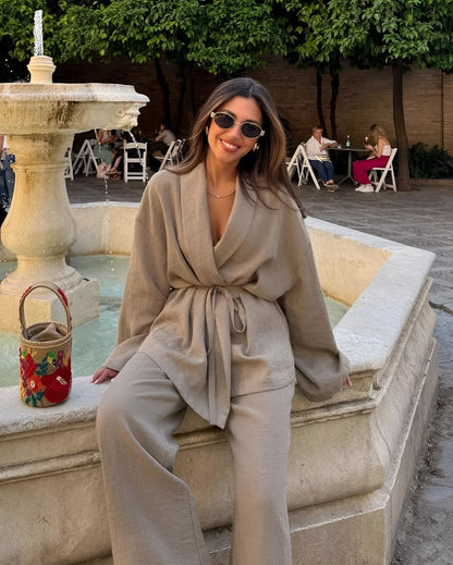 Oriane | Conjunto de Lino con Kimono y Pantalón Ancho