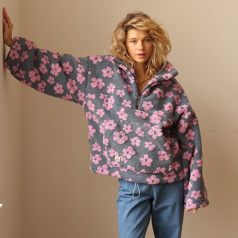Solveig | Sudadera Oversize de Borreguito Floral con Media Cremallera