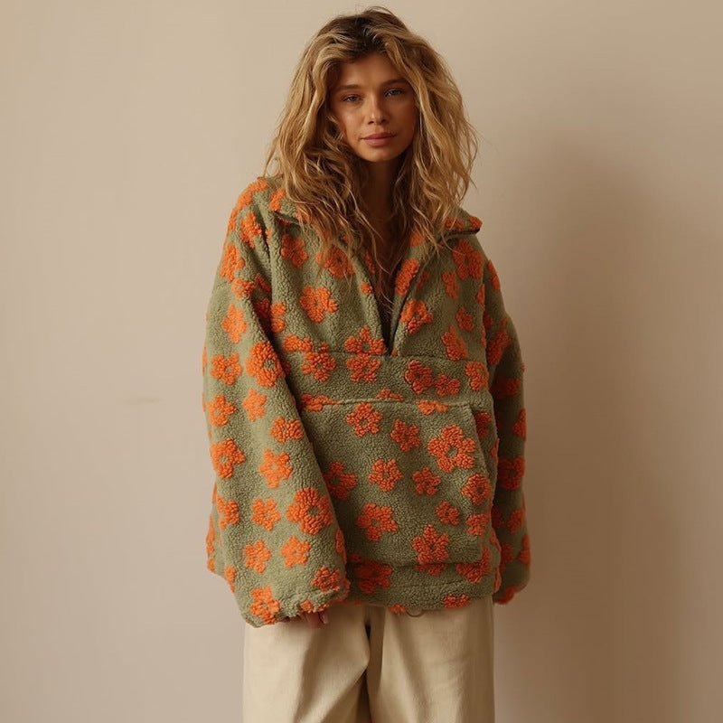 Solveig | Sudadera Oversize de Borreguito Floral con Media Cremallera