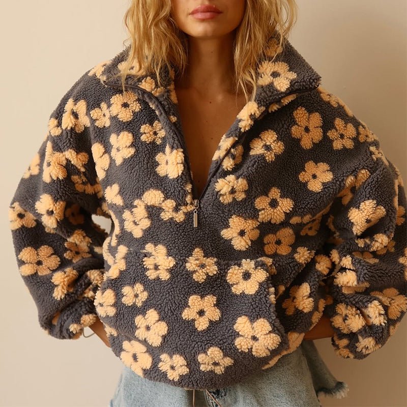 Solveig | Sudadera Oversize de Borreguito Floral con Media Cremallera