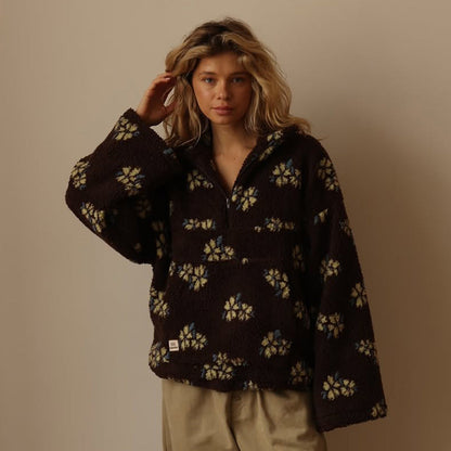 Solveig | Sudadera Oversize de Borreguito Floral con Media Cremallera