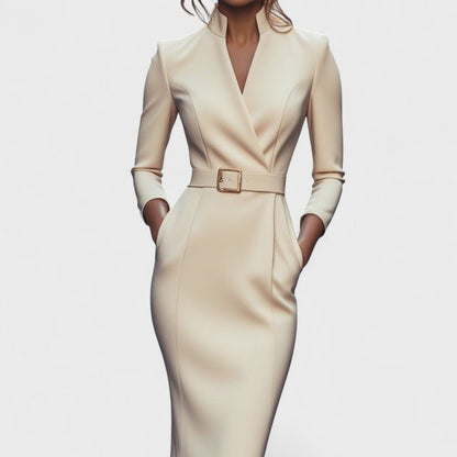 Agnes belted wrap midi dress in beige