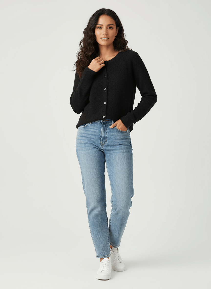 Agnes | Blød Finstrikket Cardigan med Rund Hals - StilfulltWomen's vestsSKU_1768810678455_305SortSAgnes | Blød Finstrikket Cardigan med Rund Hals