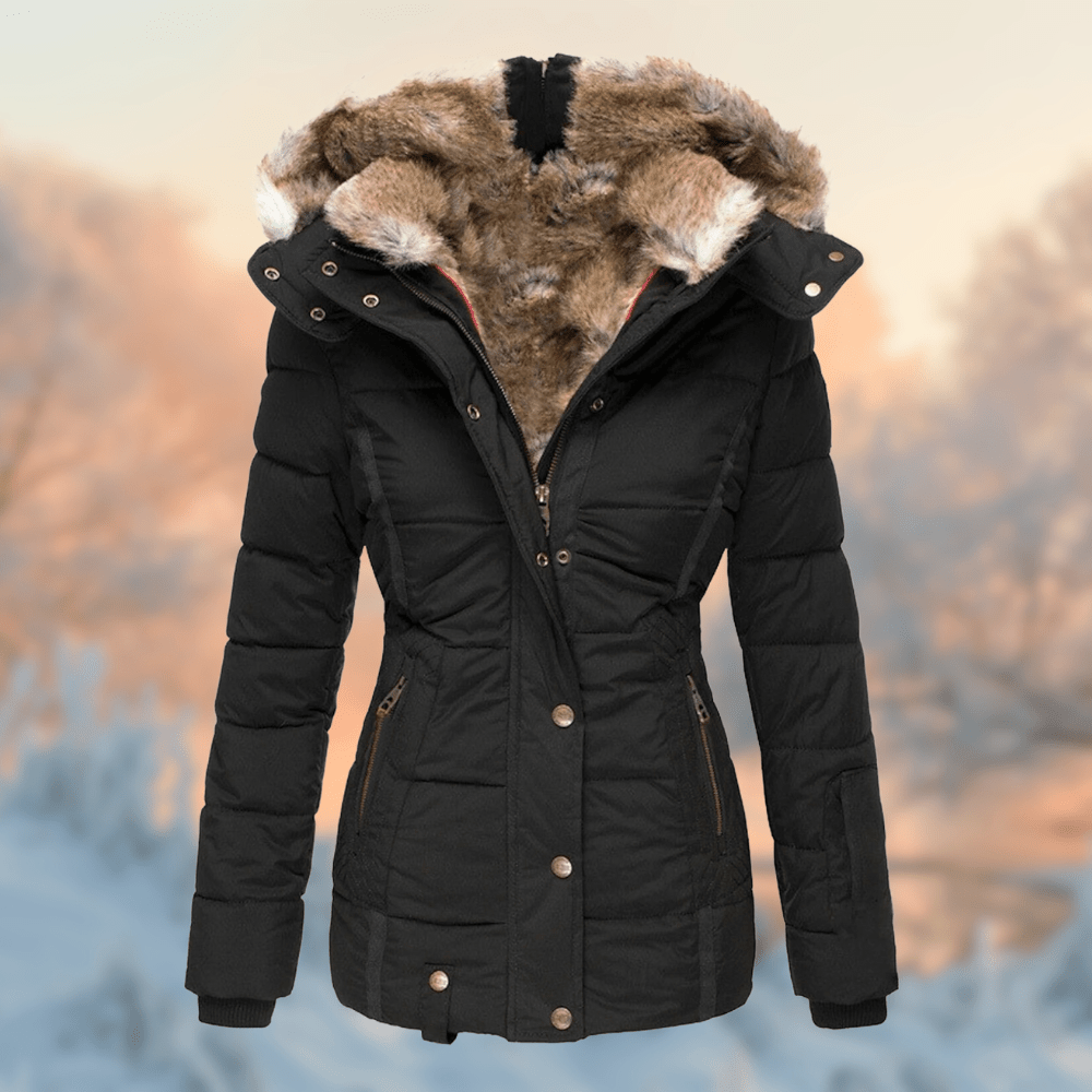 Ainara | Abrigo Acolchado Entallado con Capucha de Pelo - StilfulltWomen's jacketsNegroXSAinara | Abrigo Acolchado Entallado con Capucha de Pelo