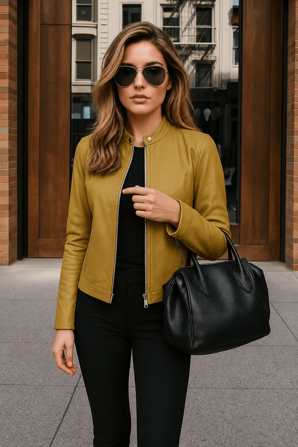 Alberte | Kort Figursyet Jakke med Læderlook - StilfulltWomen's jacketsKATOWICE56028CHCGulSAlberte | Kort Figursyet Jakke med Læderlook