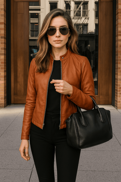 Alberte | Kort Figursyet Jakke med Læderlook - StilfulltWomen's jacketsKATOWICE55980CHCOrangeSAlberte | Kort Figursyet Jakke med Læderlook