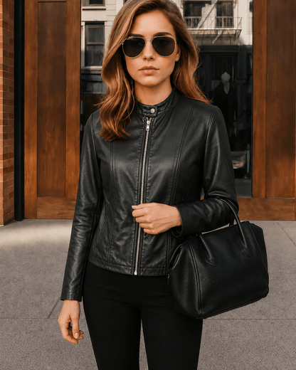 Alberte | Kort Figursyet Jakke med Læderlook - StilfulltWomen's jacketsKATOWICE55972CHCSortSAlberte | Kort Figursyet Jakke med Læderlook