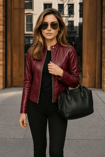 Alberte | Kort Figursyet Jakke med Læderlook - StilfulltWomen's jacketsKATOWICE56004CHCVinrødSAlberte | Kort Figursyet Jakke med Læderlook