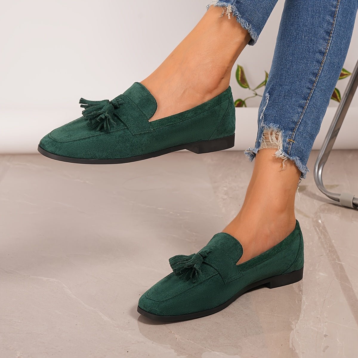 Amandine | Mocasines Planos Acolchados con Borlas - StilfulltWomen's shoesVerde36Amandine | Mocasines Planos Acolchados con Borlas