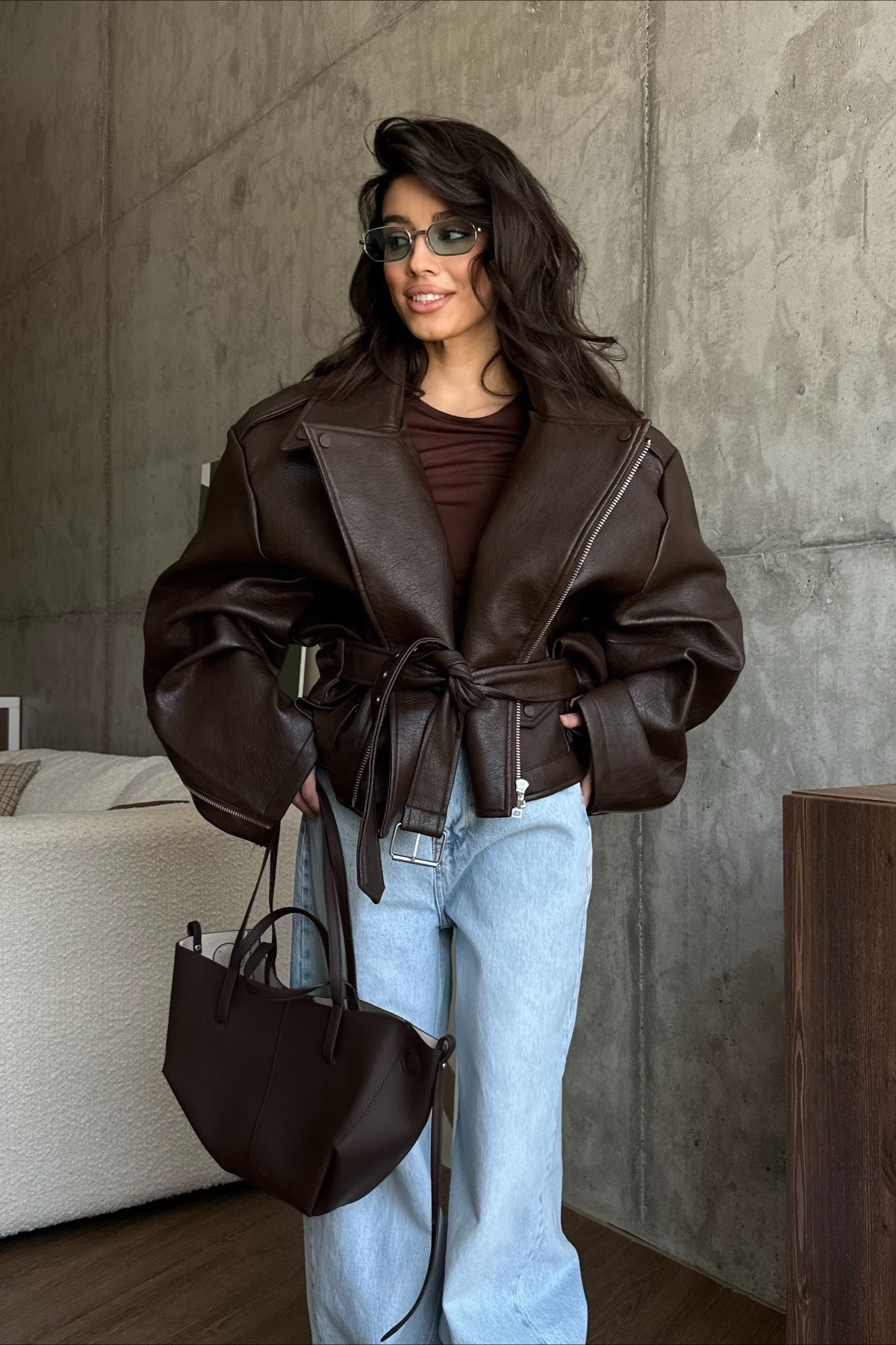 Annie oversized faux leather biker jacket