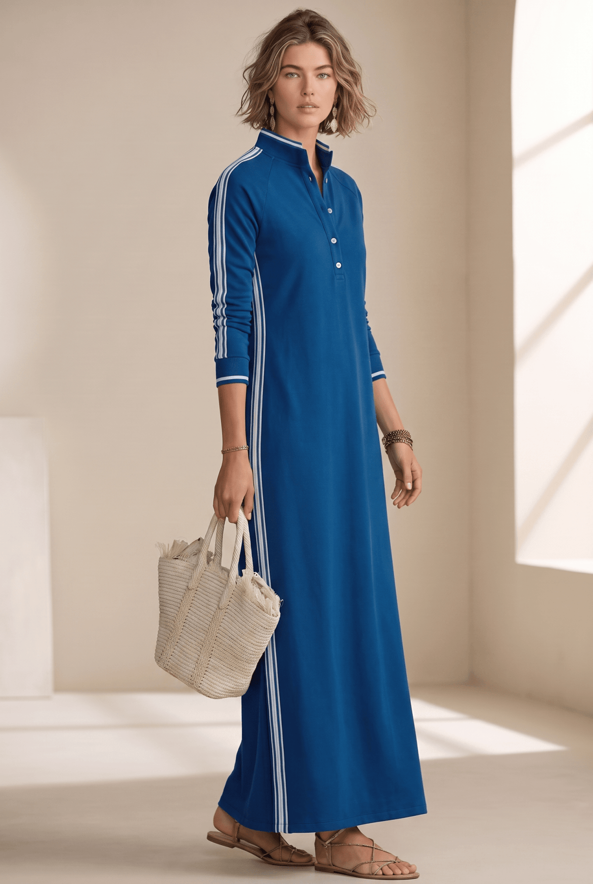 Anouk | Vestido Maxi de Felpa Ribeteado con Cuello Polo - StilfulltdressMDA0958L0Y_Royal Blue||XS||YUAzul realXSAnouk | Vestido Maxi de Felpa Ribeteado con Cuello Polo