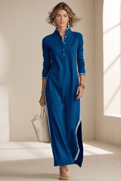 Anouk | Vestido Maxi de Felpa Ribeteado con Cuello Polo - StilfulltdressMDA0958L0Y_Royal Blue||XS||YUAzul realXSAnouk | Vestido Maxi de Felpa Ribeteado con Cuello Polo