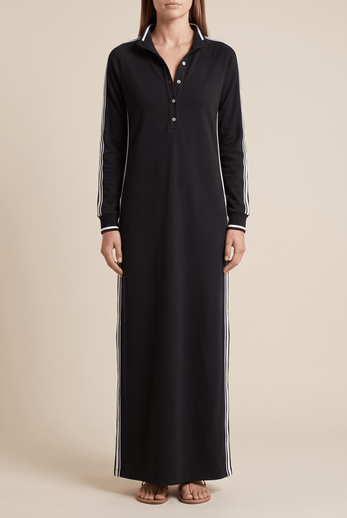 Anouk | Vestido Maxi de Felpa Ribeteado con Cuello Polo - StilfulltdressMDA0958L0Y_Black||XS||YUNegroXSAnouk | Vestido Maxi de Felpa Ribeteado con Cuello Polo