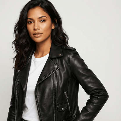 Asta | Kort Taljeret Bikerjakke i Kunstlæder - StilfulltWomen's jacketsSKU_1767464078838_863SortSAsta | Kort Taljeret Bikerjakke i Kunstlæder