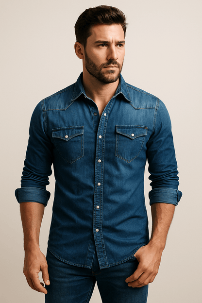 Callum men's slim-fit denim shirt in dark blue
