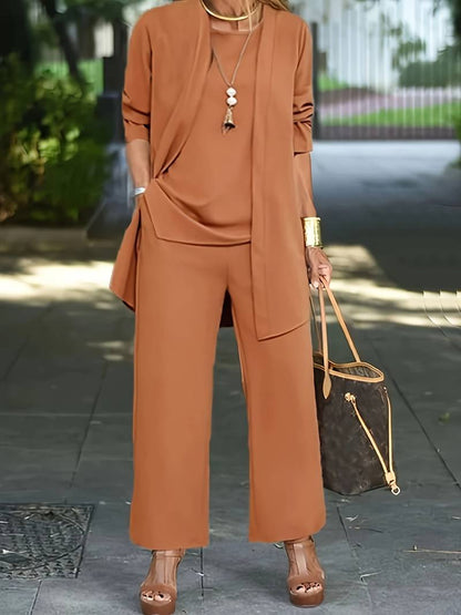 Carmela | Conjunto de Tres Piezas con Chaqueta Larga y Pantalón Ancho - StilfulltWomen's outfit setsU6HK89QMCarameloXSCarmela | Conjunto de Tres Piezas con Chaqueta Larga y Pantalón Ancho