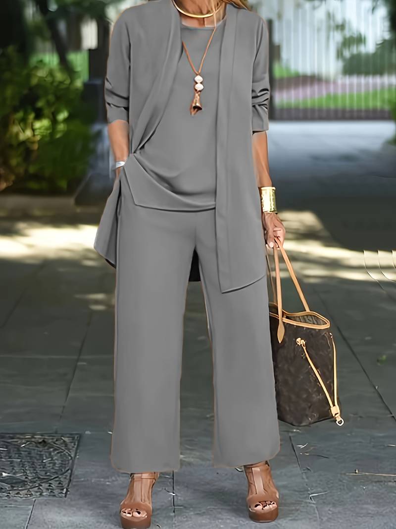 Carmela | Conjunto de Tres Piezas con Chaqueta Larga y Pantalón Ancho - StilfulltWomen's outfit setsBK1OTHYUGrisXSCarmela | Conjunto de Tres Piezas con Chaqueta Larga y Pantalón Ancho