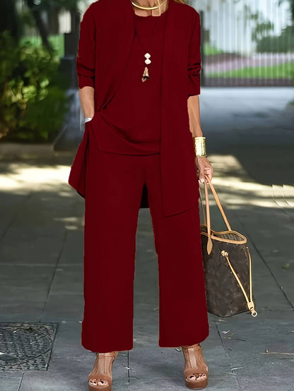 Carmela | Conjunto de Tres Piezas con Chaqueta Larga y Pantalón Ancho - StilfulltWomen's outfit setsNGTTOANDRojo vinoXSCarmela | Conjunto de Tres Piezas con Chaqueta Larga y Pantalón Ancho
