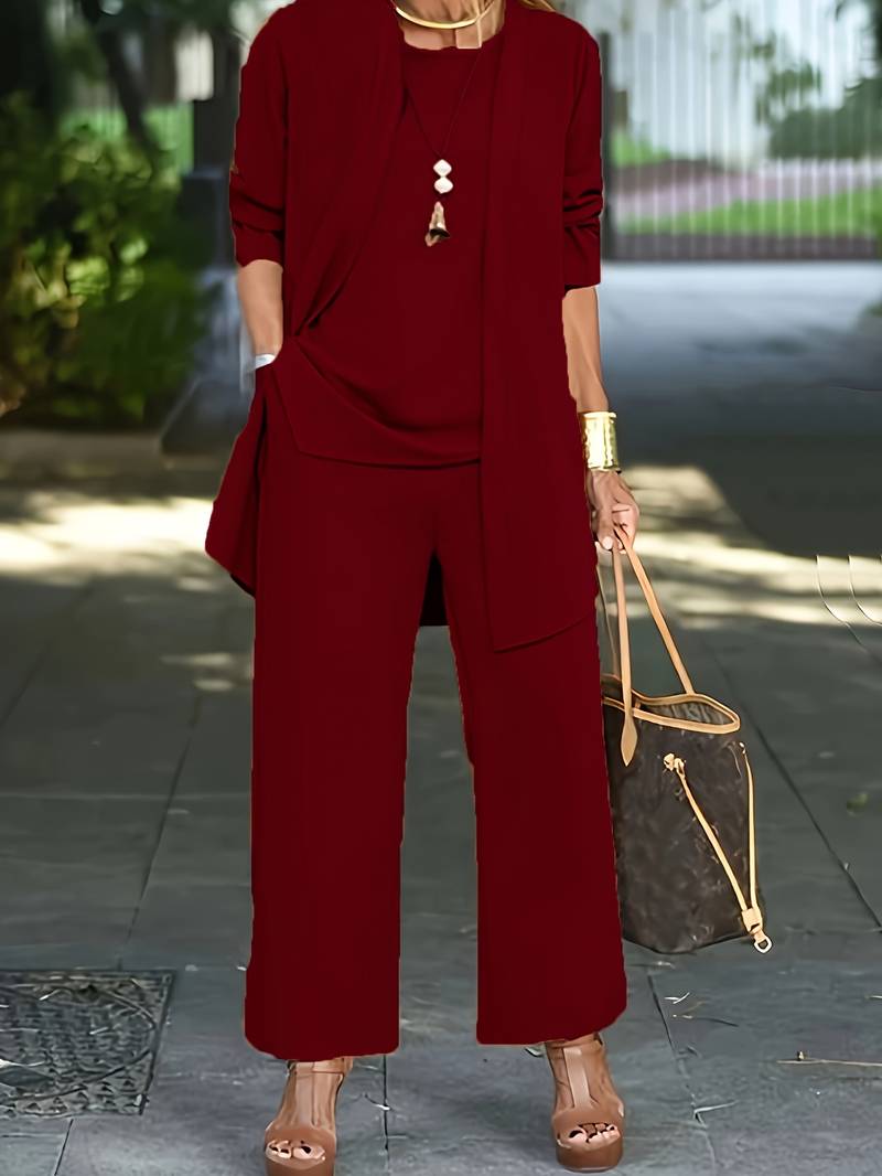 Carmela | Conjunto de Tres Piezas con Chaqueta Larga y Pantalón Ancho - StilfulltWomen's outfit sets10OBXQSAVerde oscuroXSCarmela | Conjunto de Tres Piezas con Chaqueta Larga y Pantalón Ancho