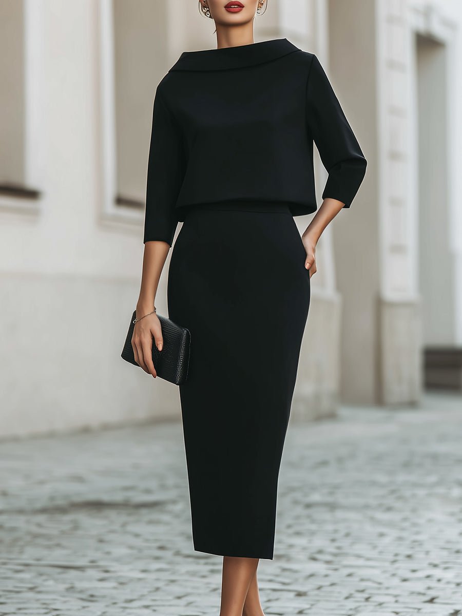 Carys boat neck top and pencil midi skirt set in black