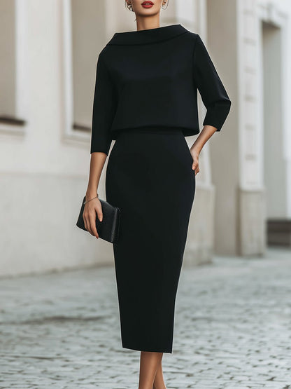 Carys boat neck top and pencil midi skirt set in black
