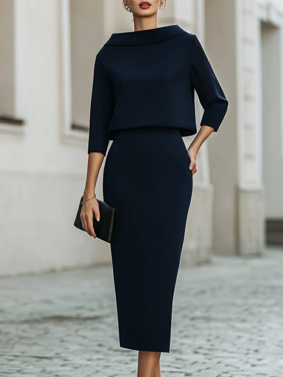 Carys boat neck top and pencil midi skirt set in navy