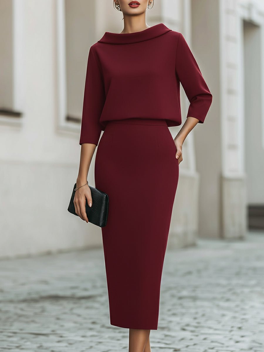 Carys boat neck top and pencil midi skirt set in red