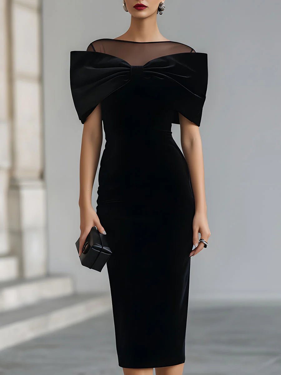 Clemency | Fitted Velvet Midi Dress with Bow Detail - StilfulltdressBlackSClemency fitted velvet midi dress with bow in black