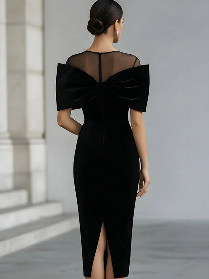 Clemency | Fitted Velvet Midi Dress with Bow Detail - StilfulltdressBurgundySClemency fitted velvet midi dress with bow, alternative view