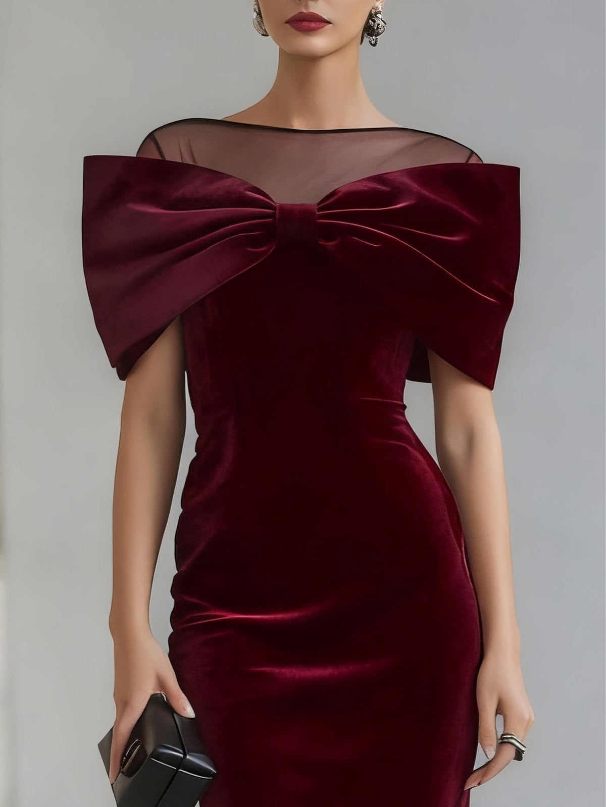 Clemency | Fitted Velvet Midi Dress with Bow Detail - StilfulltdressBurgundySClemency fitted velvet midi dress with bow, alternative view
