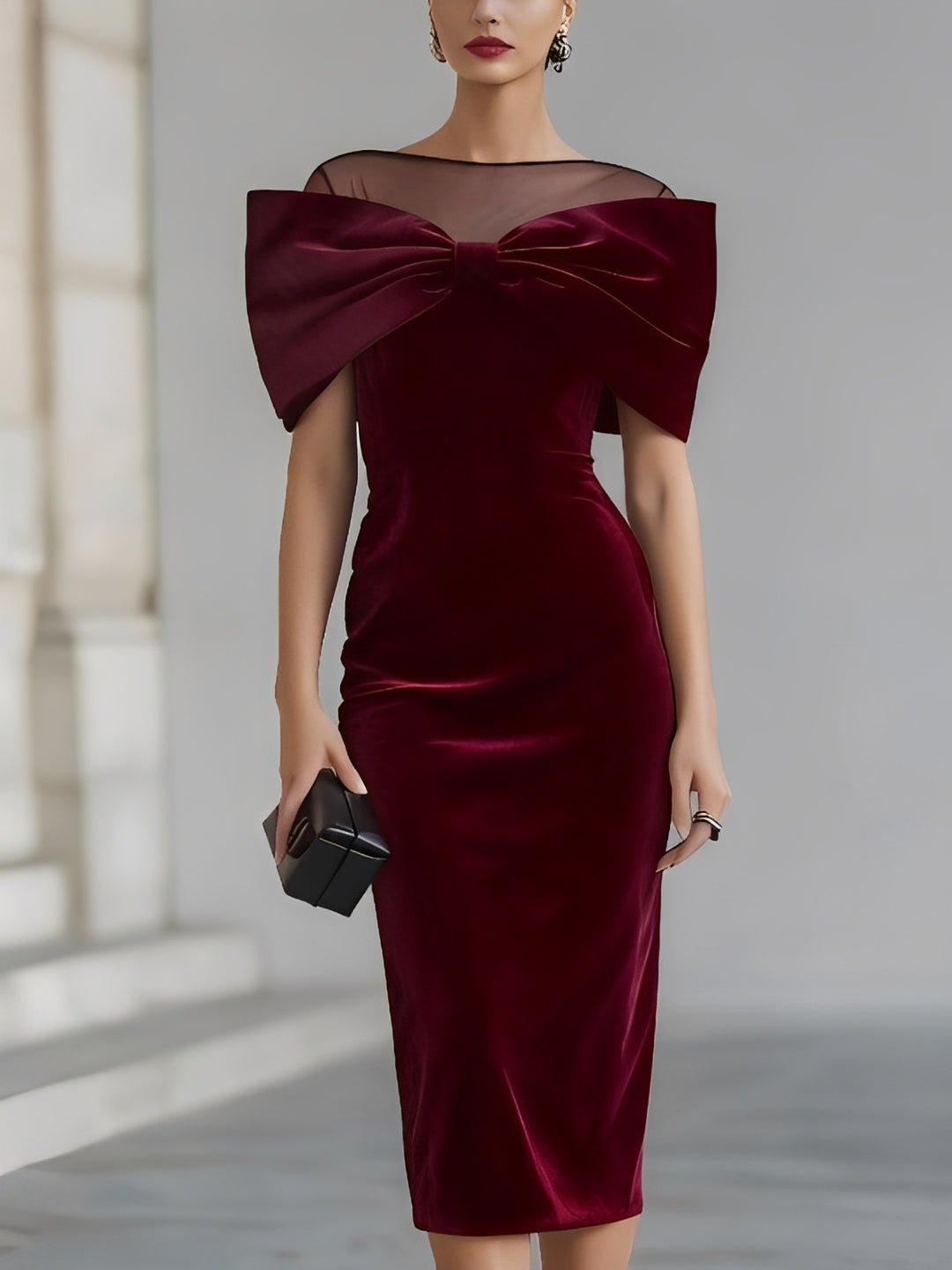 Clemency | Fitted Velvet Midi Dress with Bow Detail - StilfulltdressBurgundySClemency fitted velvet midi dress with bow in burgundy
