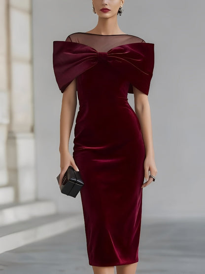 Clemency | Fitted Velvet Midi Dress with Bow Detail - StilfulltdressBurgundySClemency fitted velvet midi dress with bow in burgundy