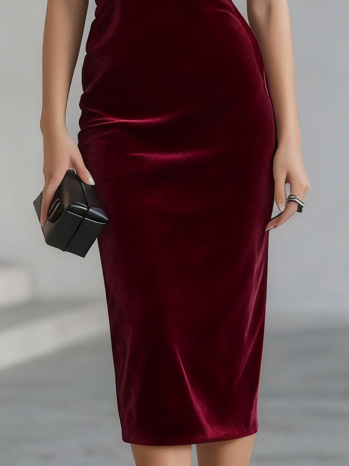 Clemency | Fitted Velvet Midi Dress with Bow Detail - StilfulltdressBurgundySClemency fitted velvet midi dress with bow, alternative view