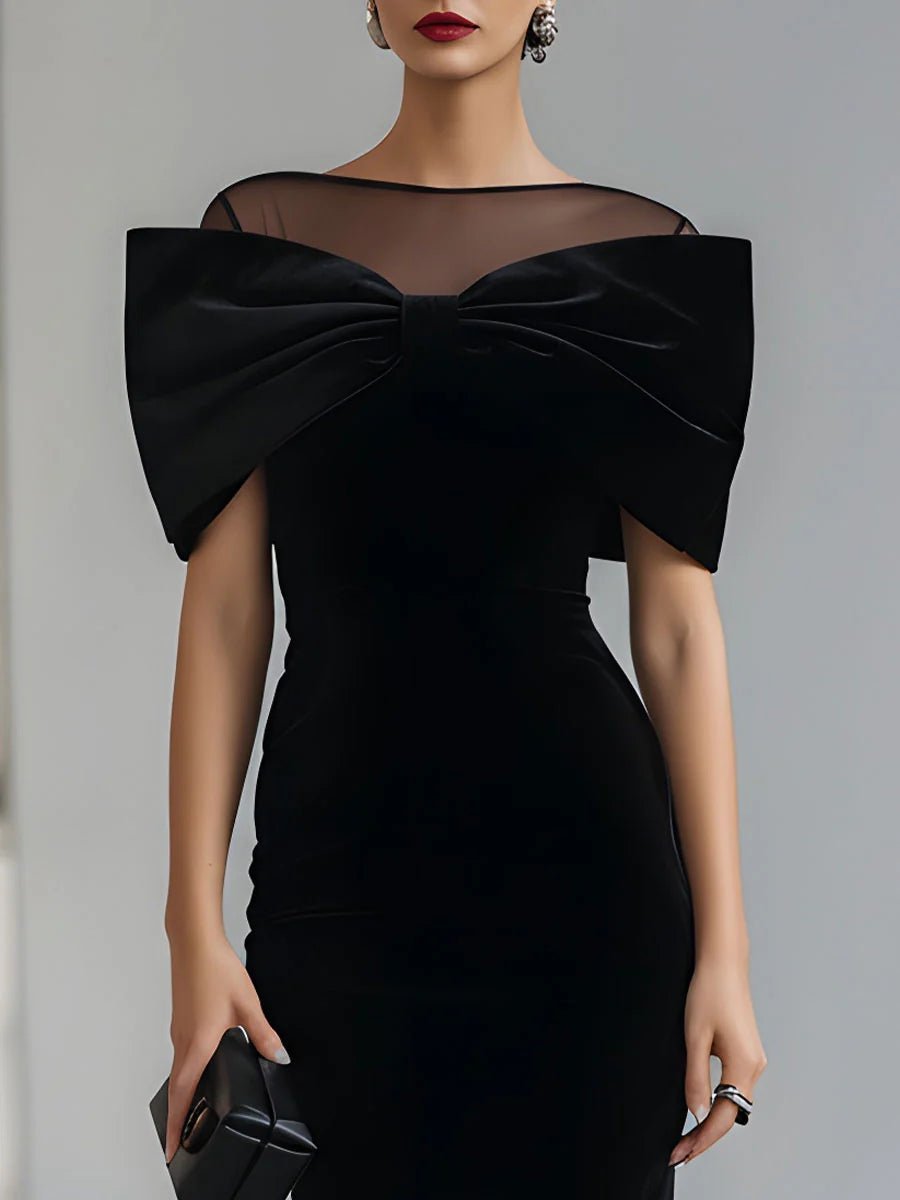 Clemency | Fitted Velvet Midi Dress with Bow Detail - StilfulltdressBurgundySClemency fitted velvet midi dress with bow, alternative view
