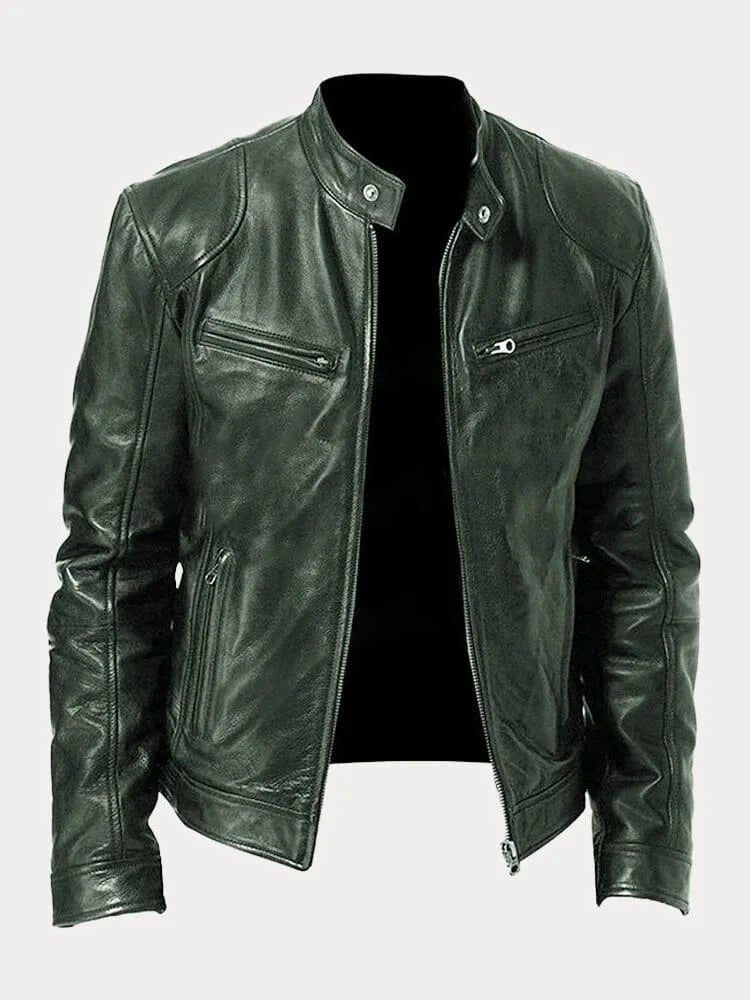 Corentin | Cazadora de Piel Sintética con Cuello Mao - StilfulltMen's jacketsVerde militarSCorentin | Cazadora de Piel Sintética con Cuello Mao
