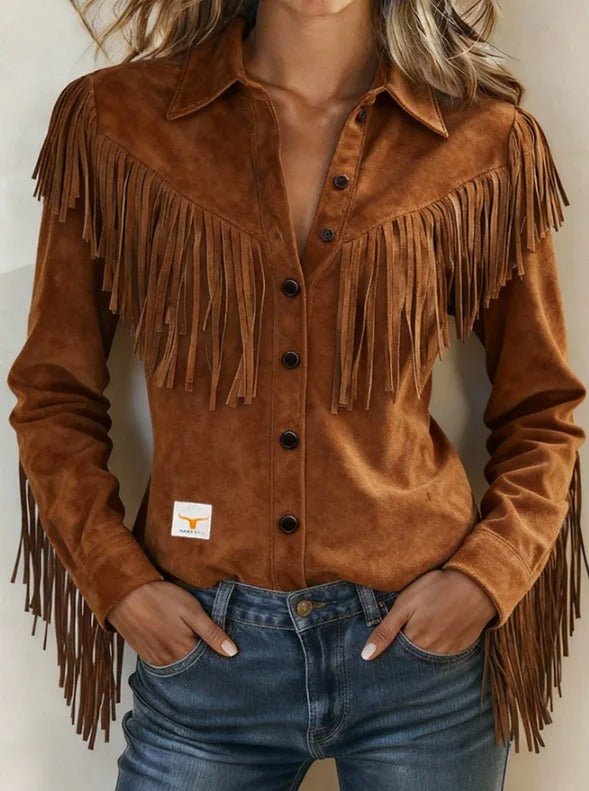 Dakota | Camisa Western Entallada con Flecos - StilfulltWomen's blousesDAMESBLOUS-DONKE-JTCPMarrón oscuroSDakota | Camisa Western Entallada con Flecos