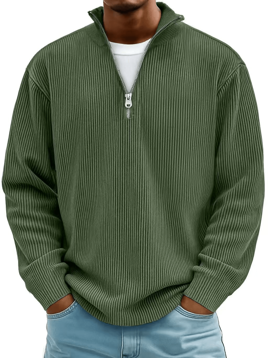 Dashiell | Jersey Acanalado Holgado de Media Cremallera - StilfulltMen's sweatersDMED1-AI027065Verde militarSDashiell | Jersey Acanalado Holgado de Media Cremallera