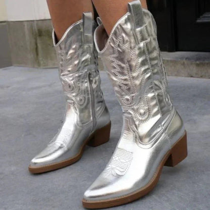Delilah | Botas Cowboy Metalizadas Bordadas de Otoño - StilfulltWomen's shoesDSHD2-QF911002Plateado36Delilah | Botas Cowboy Metalizadas Bordadas de Otoño