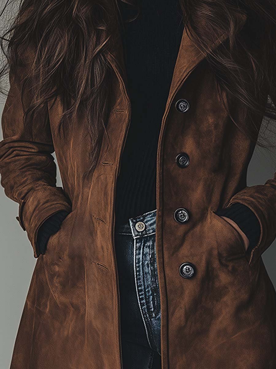 Ditte | Vintage Brun Trenchcoat i Ruskindslook - StilfulltWomen's jacketsSKU_1780337009663_115SDitte | Vintage Brun Trenchcoat i Ruskindslook