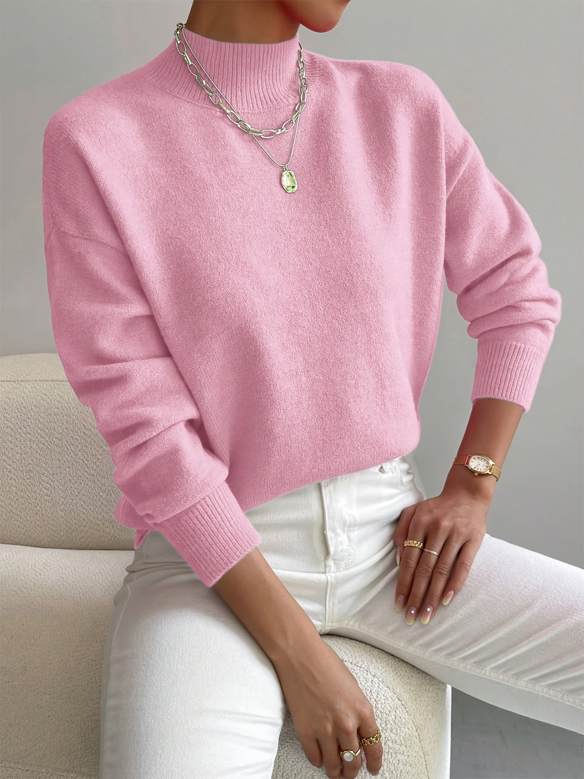Ebba | Blød Afslappet Strikbluse med Høj Hals - StilfulltWomen's sweatersLyserødSEbba | Blød Afslappet Strikbluse med Høj Hals