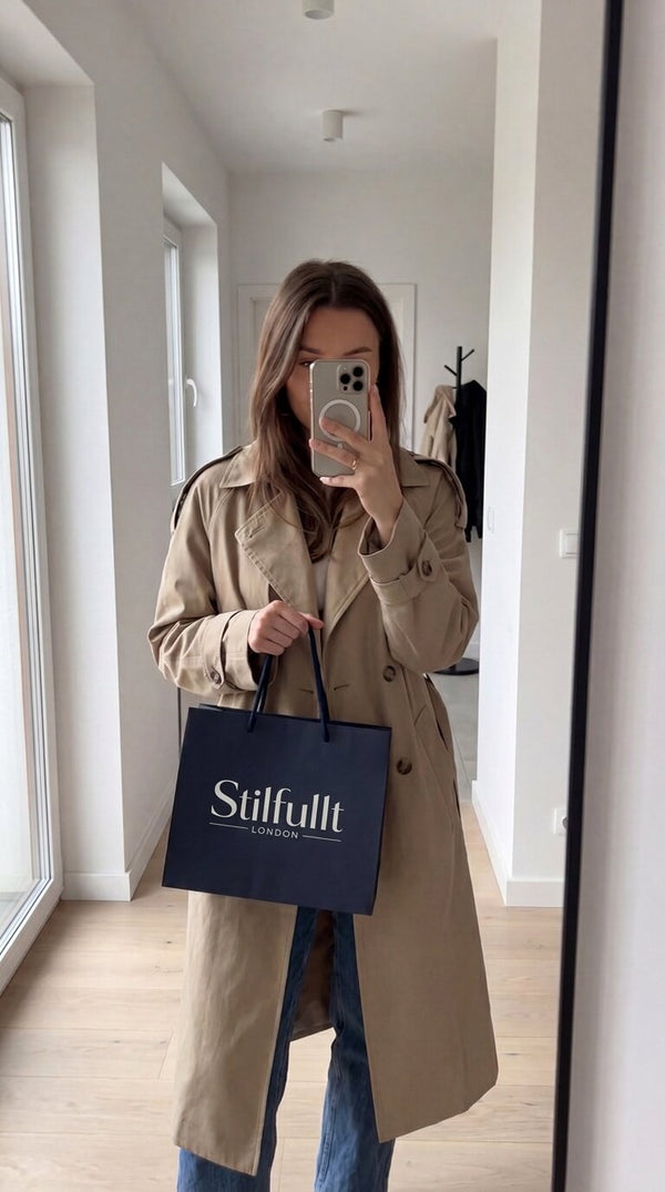 Mirror selfie of a woman in a beige trench coat holding a Stilfullt shopping bag