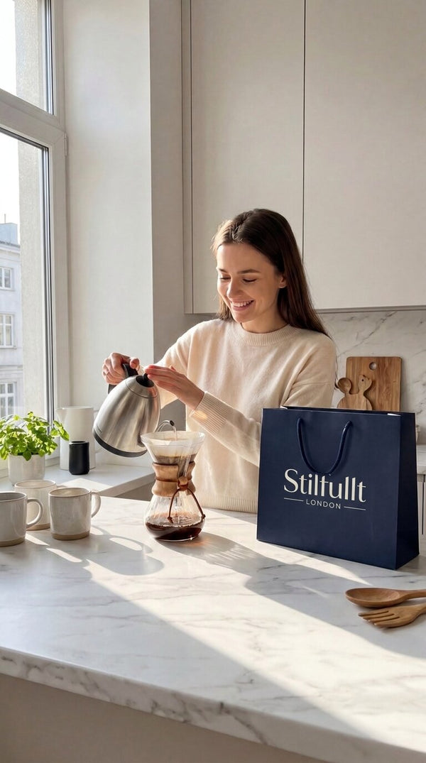 Woman in a cream knit jumper making pour-over coffee in a bright kitchen next to a Stilfullt shopping bag