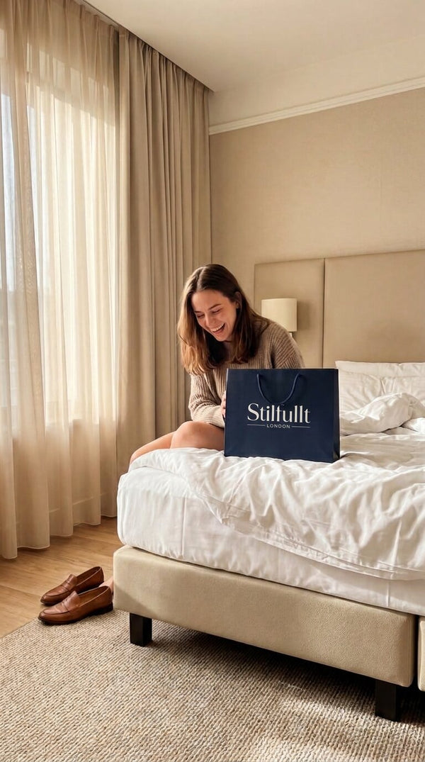 Woman smiling on a bed in a cosy bedroom with a Stilfullt shopping bag