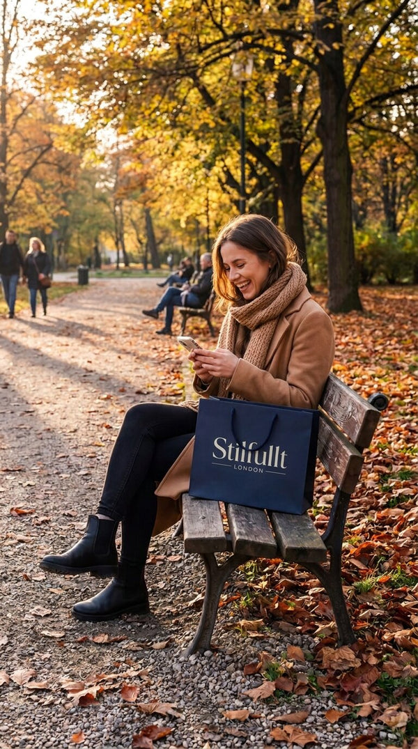 Woman in a camel coat and scarf on a park bench in autumn with a Stilfullt shopping bag