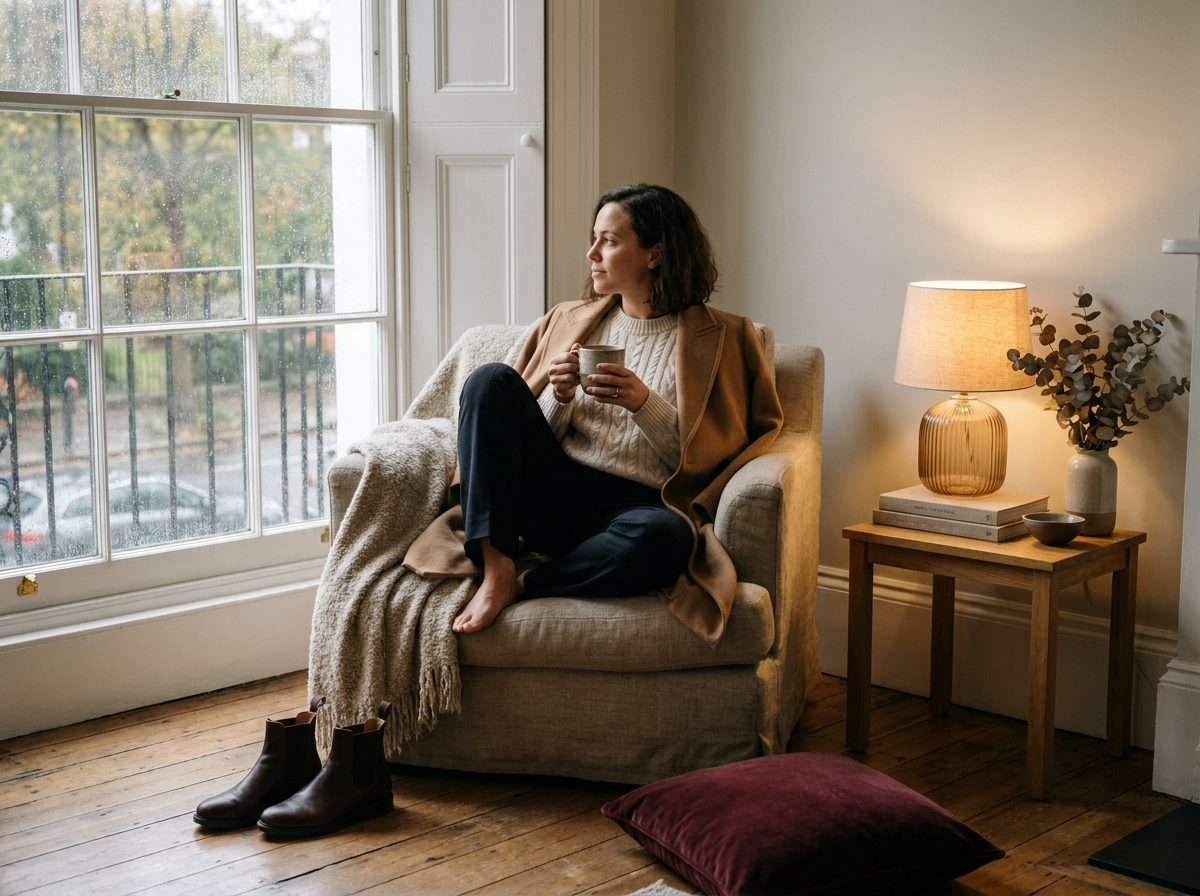 Woman in a camel coat and cream knit relaxing in an armchair by a rainy townhouse window