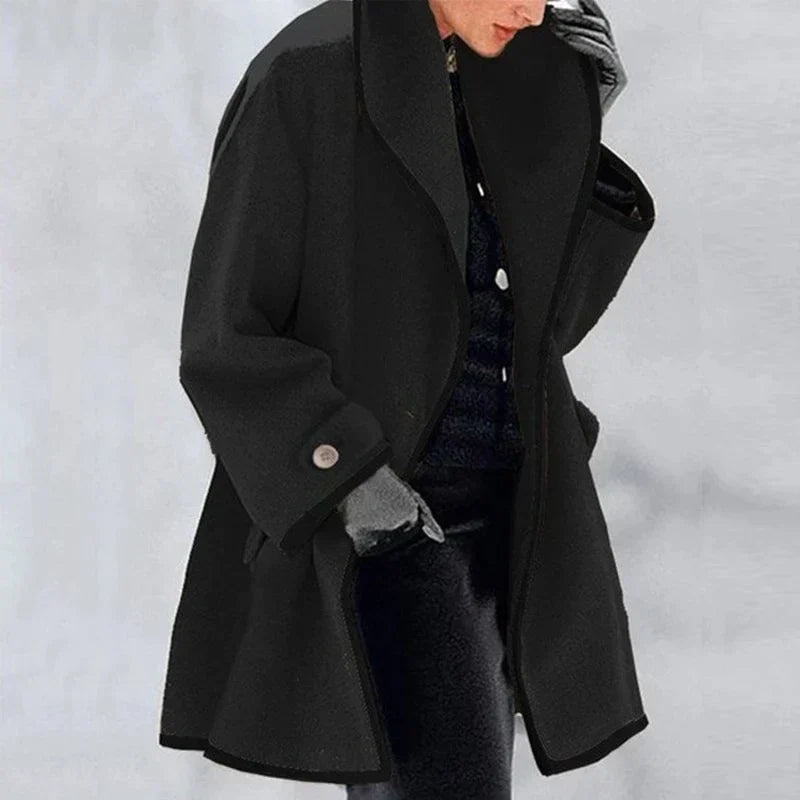 Elin | Blød Klassisk Frakke med Sjalskrave og Kontrastkant - StilfulltWomen's jacketsSKU_1789052905086_108SortSElin | Blød Klassisk Frakke med Sjalskrave og Kontrastkant