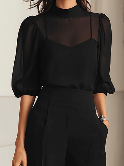 Elspeth | Three-Piece Chiffon Set with Wide-Leg Trousers - StilfulltWomen's outfit setsNavyXSElspeth three-piece chiffon set with wide-leg trousers